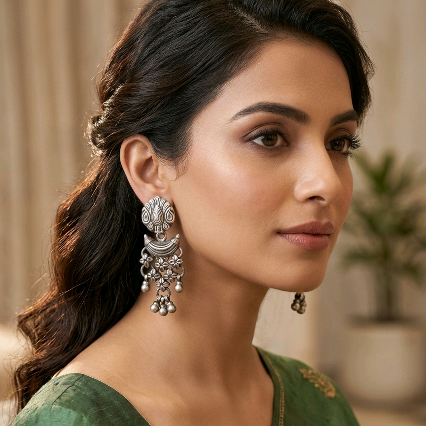 Traditional Indian Silver Dangle Earrings 